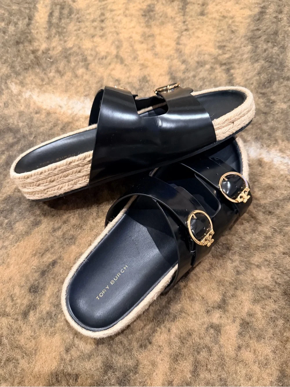 Tory Burch Black Slide Sandals with Gold Logo Buckles